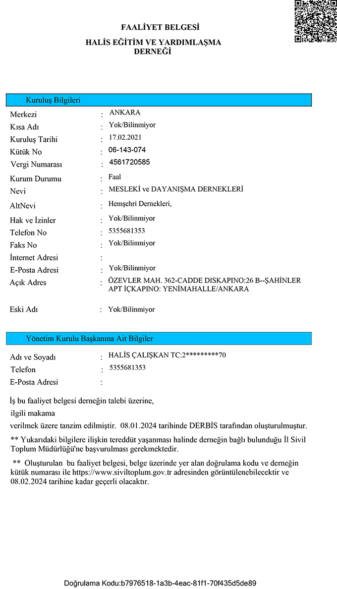 Halis Derneği Faaliyet Belgemiz