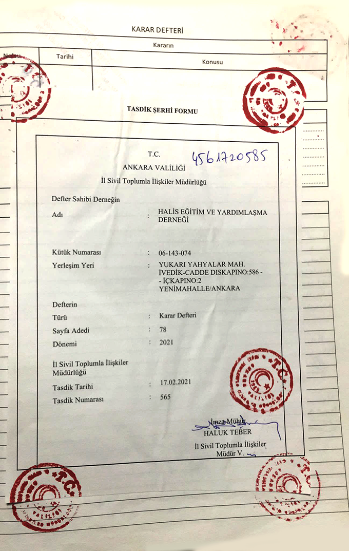Halis Derneği Tasdik Şerhi Belgemiz
